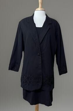 Vintage Styleworks Solid Black Sheath Dress/Blazer Set sz 18 Embroidered Career